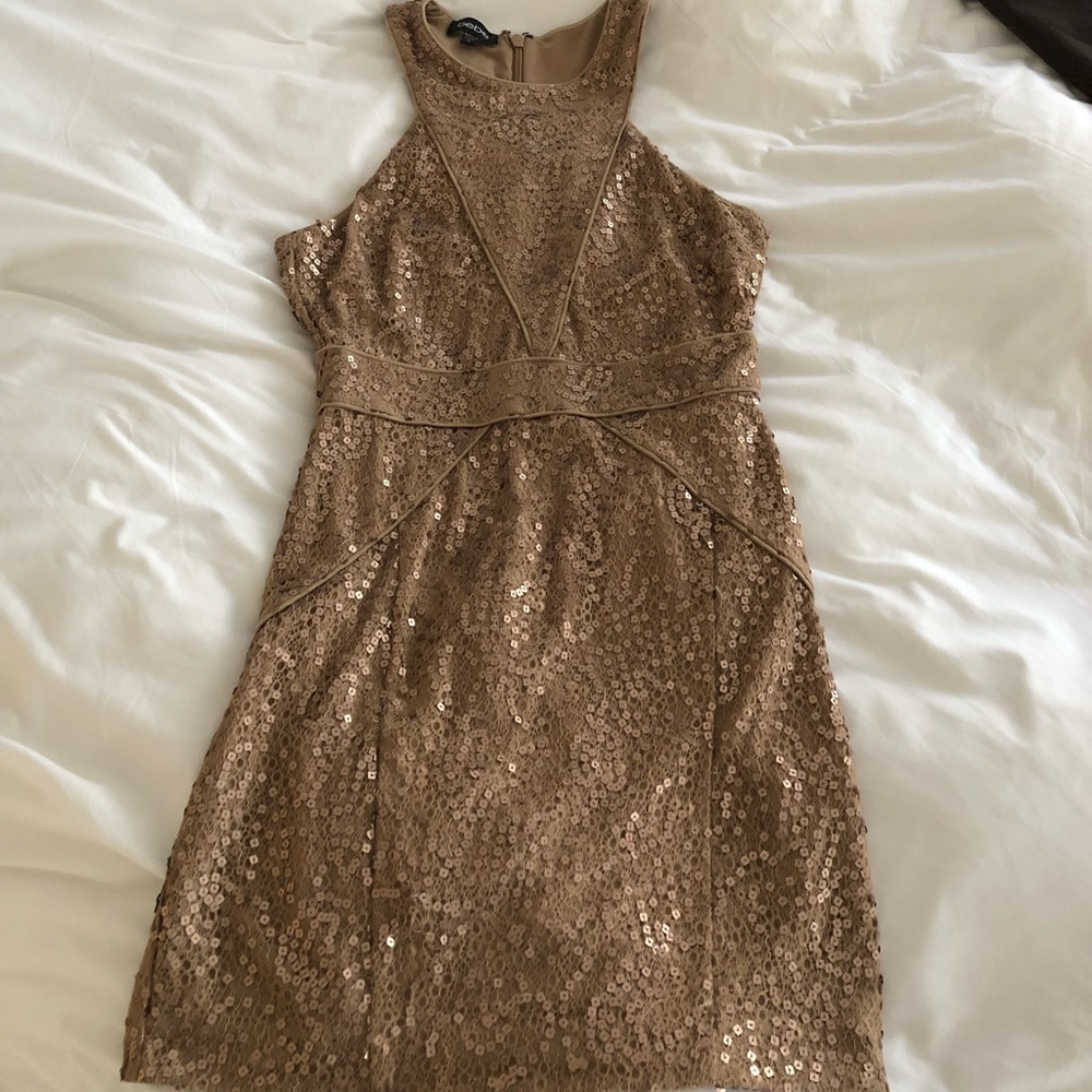 Bebe Gold Sequin Reverse Racerback Dress